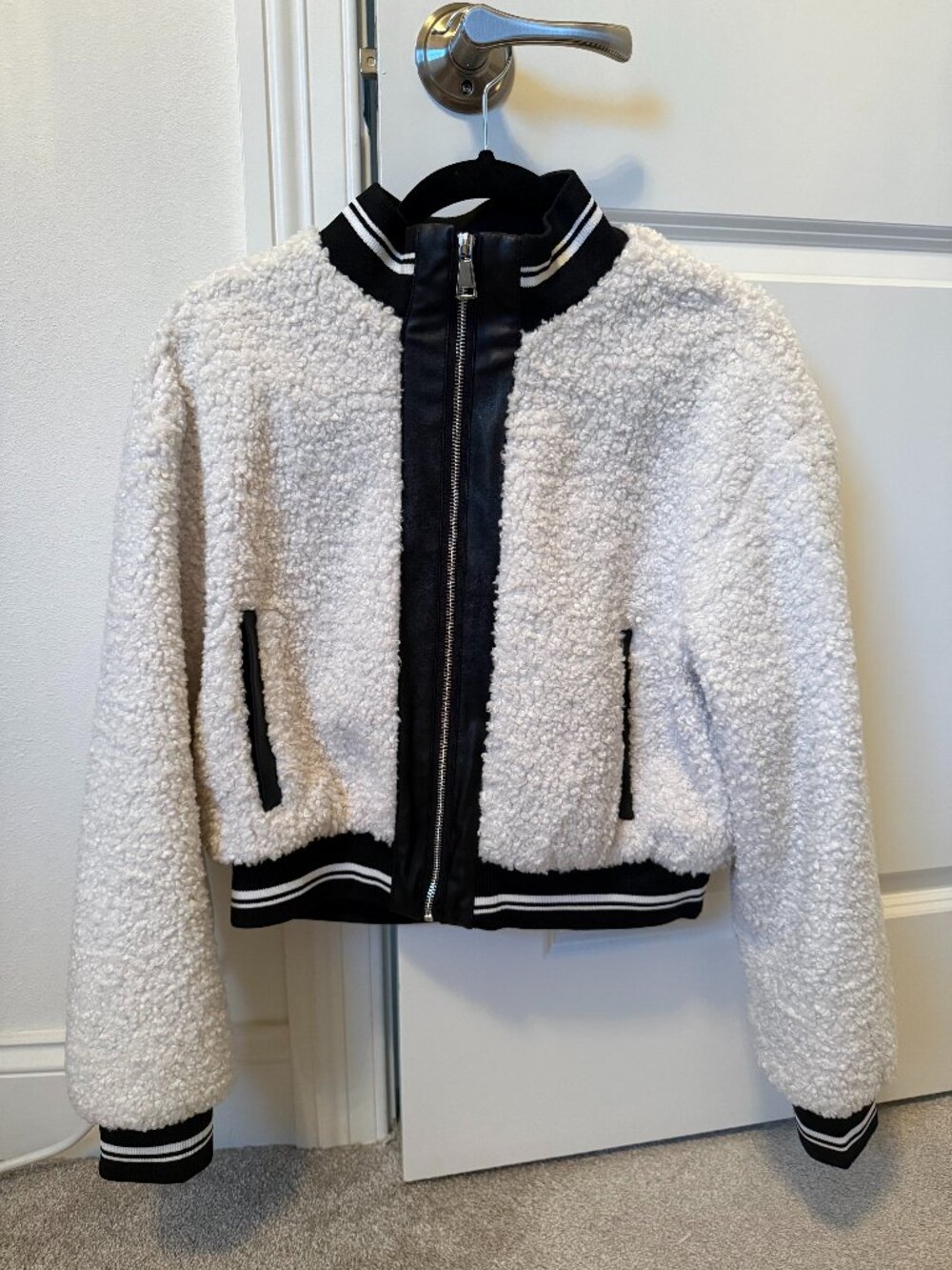 Avec Les Filles Cream and Black Sherpa Bomber Jacket